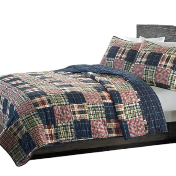 Hivvago Twin size Farmhouse Red Navy Plaid 100-Percent Cotton Reversible Quilt Set