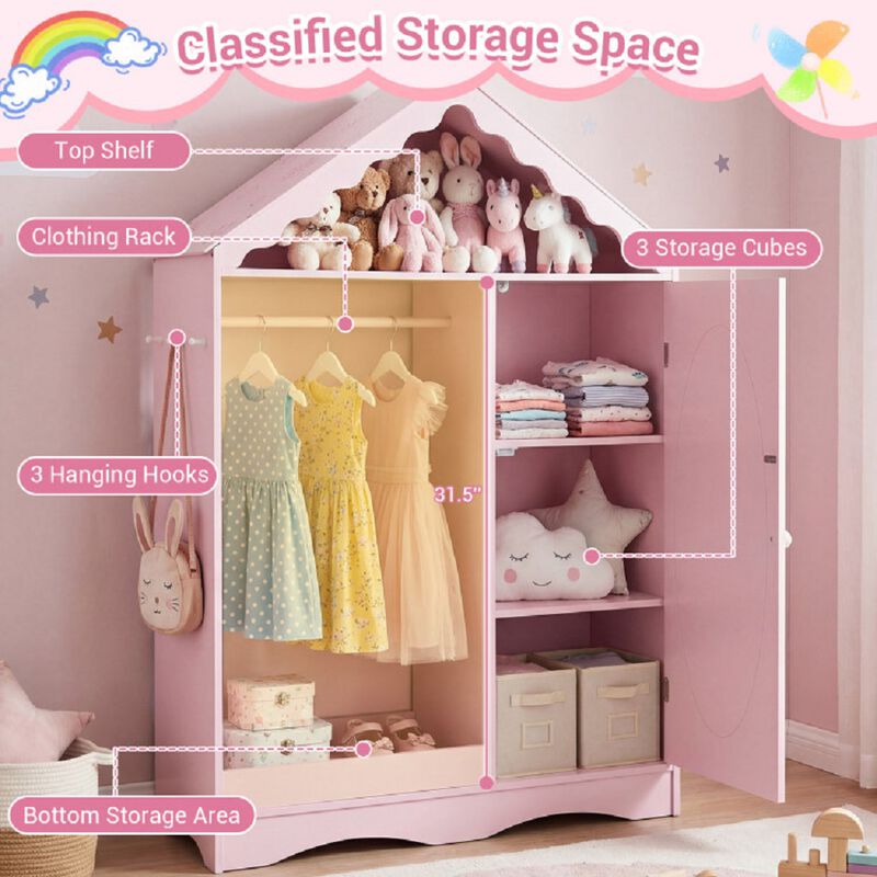 Kids Wardrobe Closet with Mirror, Dress Up Storage with Open Hanging Rack image number 6