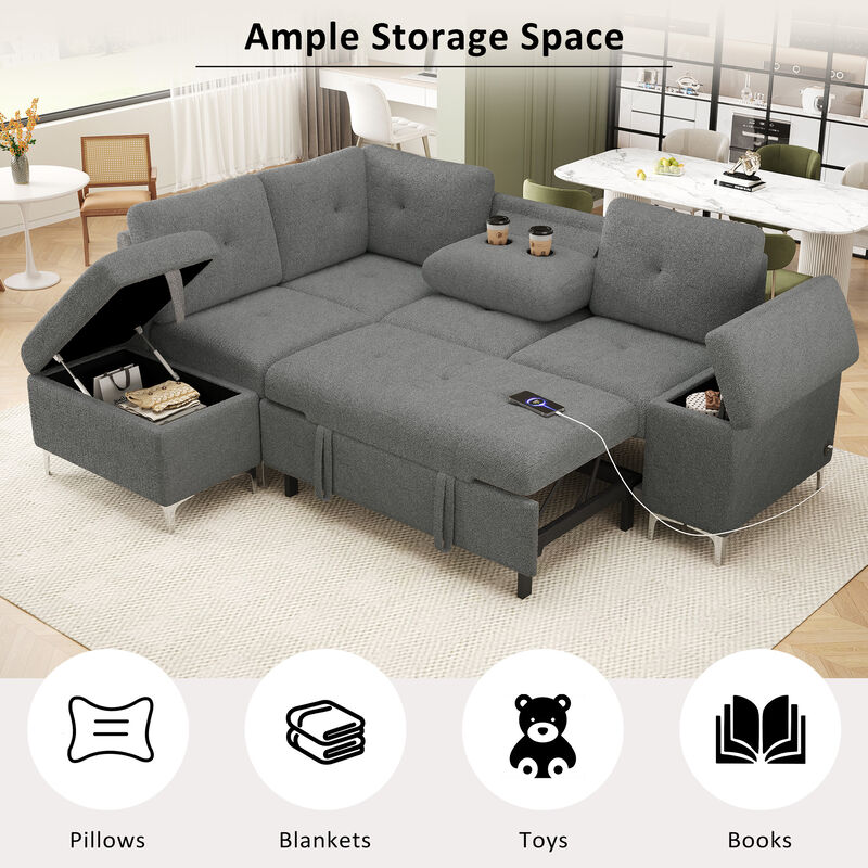 Merax Merax L-shaped Sofa with 2 Cup Holders and 2 USB Ports image number 2