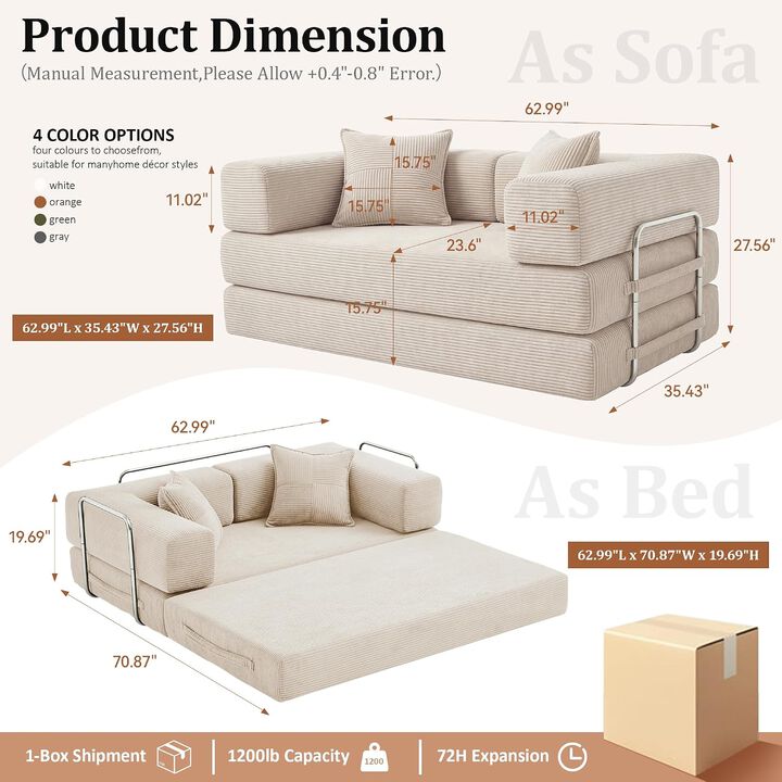 Vipbear 5-in-1 Convertible Sleeper Sofa Bed, Corduroy Boneless Couch with Fixed Frame, Living Room