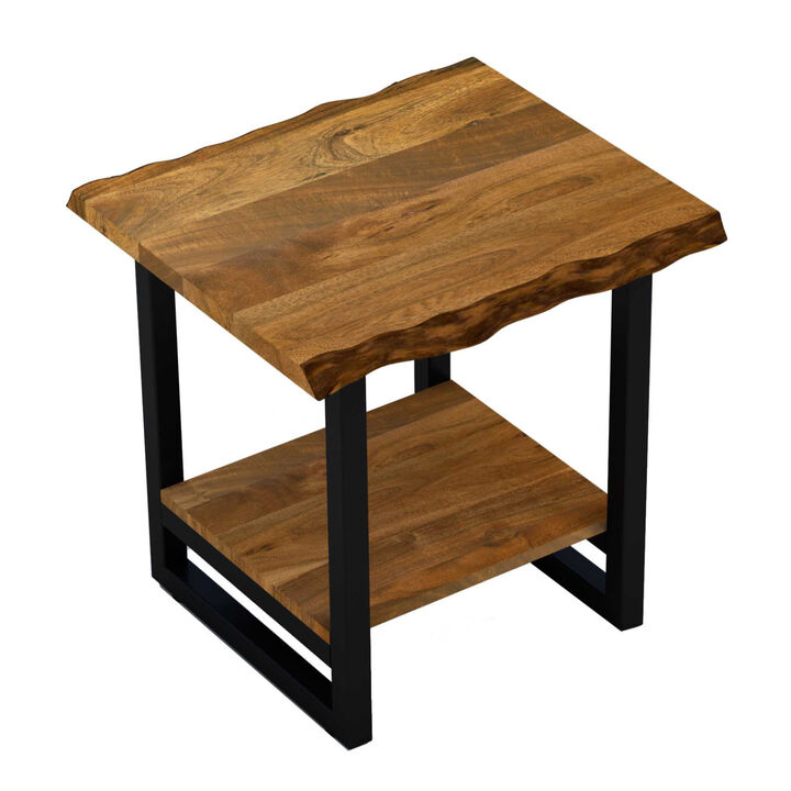Modern Industrial End Table &ndash; Solid Wood Top with Open Metal Shelf
