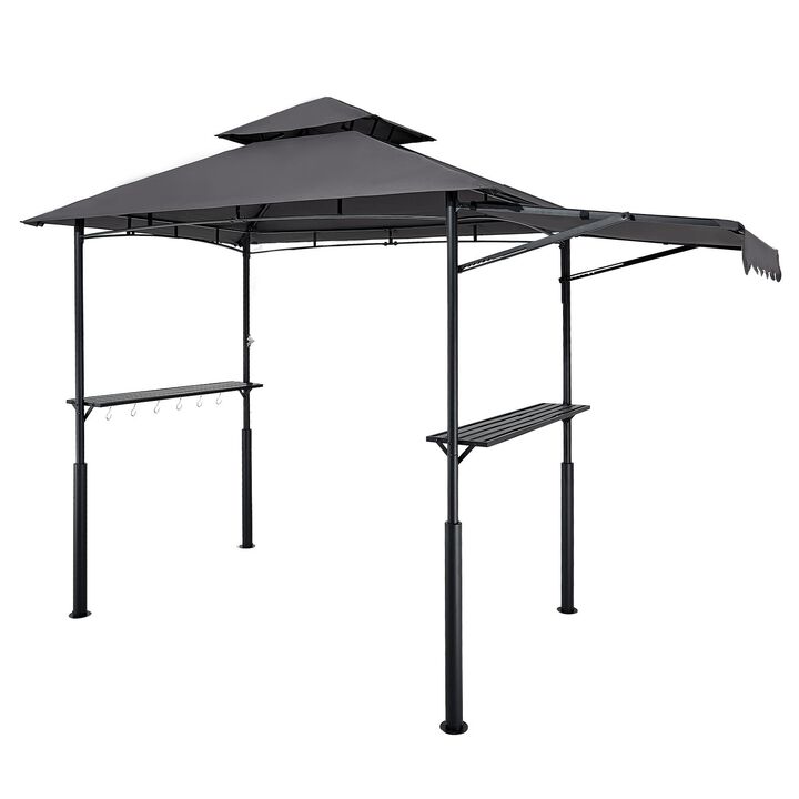 Outdoor BBQ Gazebo with Double-Tier Roof, Steel Grill Shelter, Side Shelves and Hanging Hooks-Dark Grey