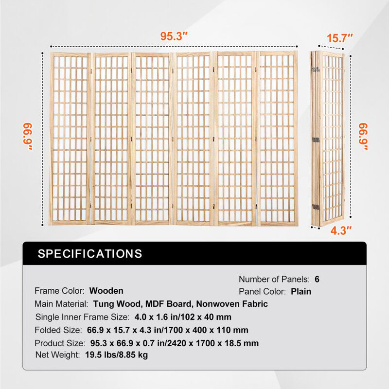 Wooden 6 Panel Folding Room Divider Privacy Screen for Home, Office, Bedroom Space Separation-Natural image number 2