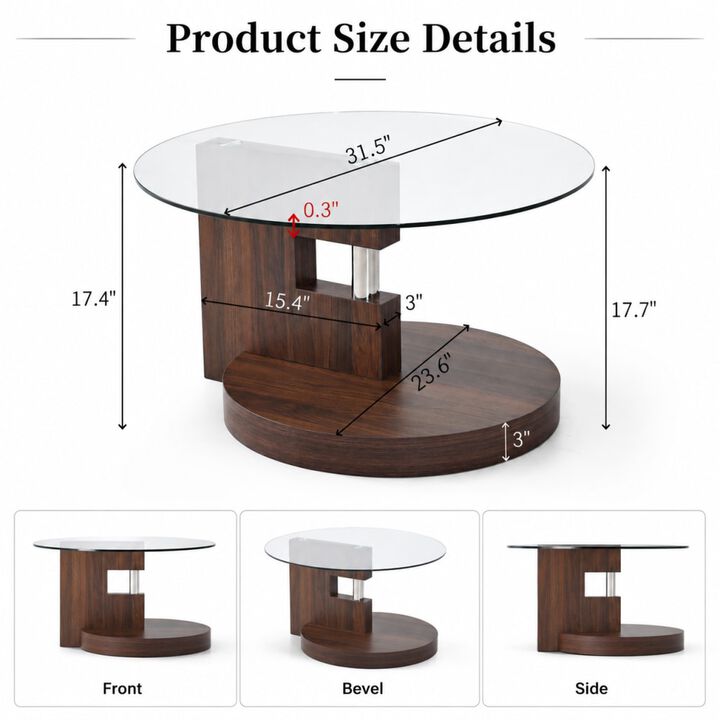 GOODSILO Modern Practical Double-Layer Round Coffee Table with Glass Top and Sturdy MDF Legs, Durable Multi-Use Furniture for Living Room, Dining Room and Office