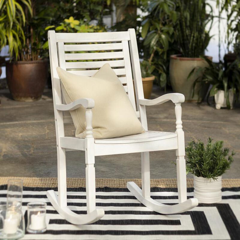 Walker Edison Acacia Outdoor Solid Wood Rocking Chair- White Wash