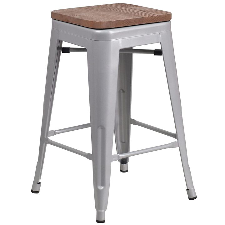 Flash Furniture Lily 24" High Backless Silver Metal Counter Height Stool with Square Wood Seat