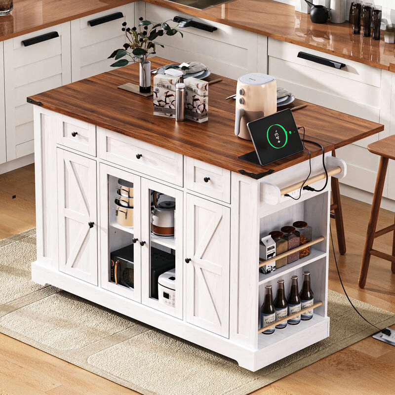 Merax Farmhouse Kitchen Island with Drop Leaf, Charging Station image number 2