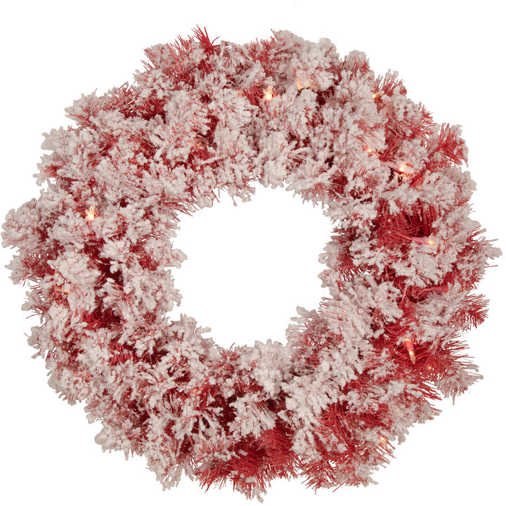 Pre-Lit Flocked Red Artificial Christmas Wreath  24-Inch  Clear Lights