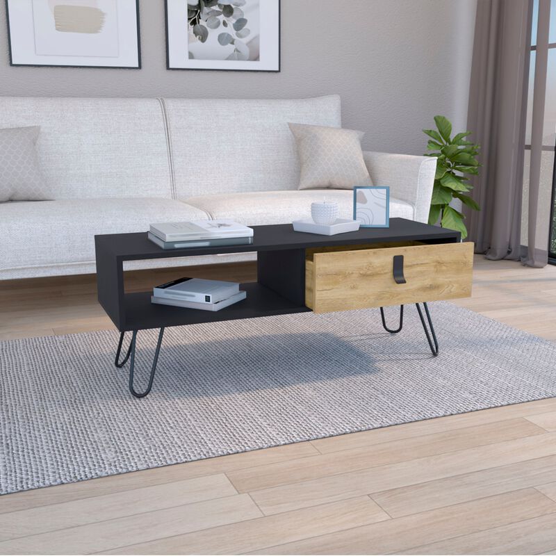 Huna Coffee Table with Hairpin Legs and Ample Storage Drawer-Black / Macadamia