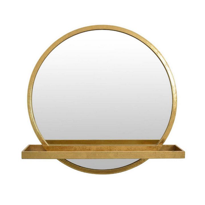 Feno Decorative Wall Mirror w Rack, 22 Inch Round Gold Metal Frame