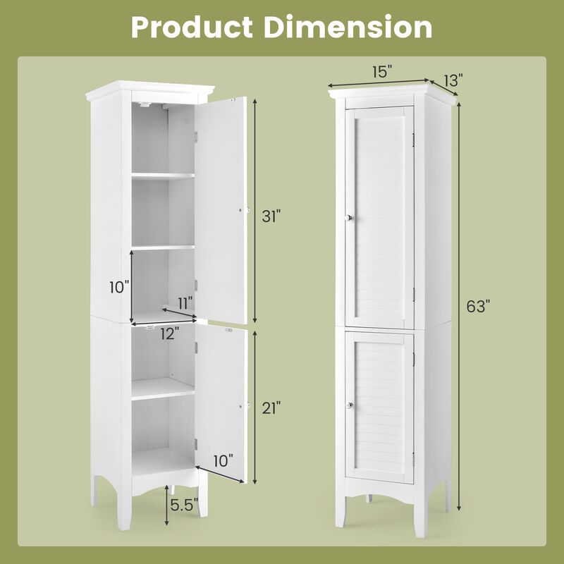 Tall Bathroom Floor Cabinet with Shutter Doors and Adjustable Shelf