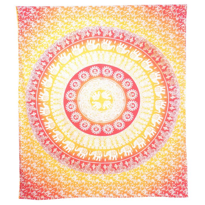 HomeRoots 92" X 84" Mustard Red And White Mandala Cotton Hanging Tapestry