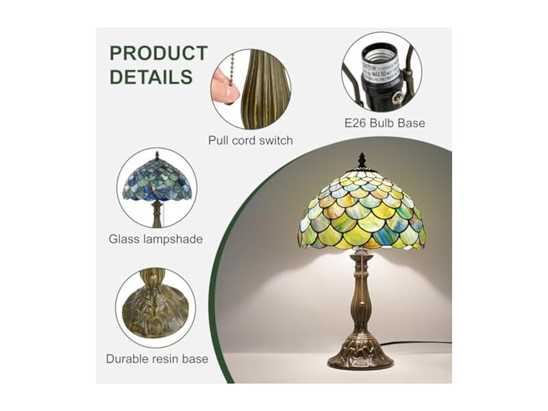 Antique Glass Bronze Table Lamp For Bedside 12 X 12 X 19 Inch Green image number 2