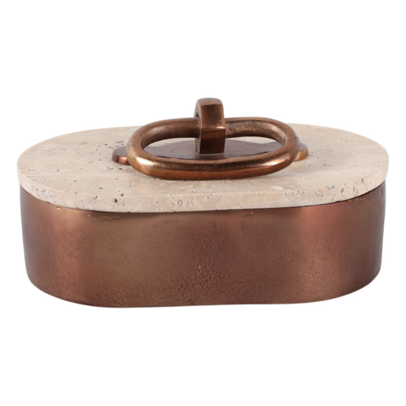 8x5" Travertine & Antique Brass Oval Box, Tan/bron image number 2