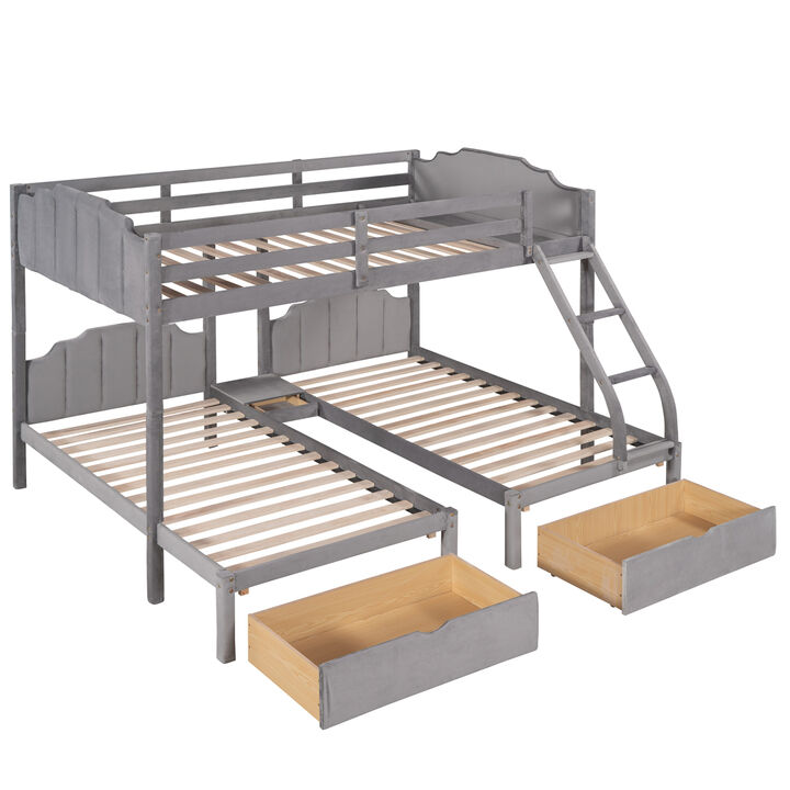 Full Over Twin & Twin Bunk Bed, Velvet Triple Bunk Bed with Drawers and Guardrails, Beige