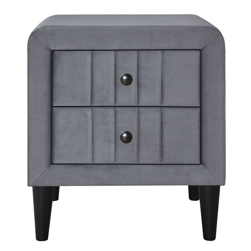 Upholstered Wooden Nightstand with 2 Drawers, Fully Assembled Except Legs and Handles, Velvet Bedside Table-Gray