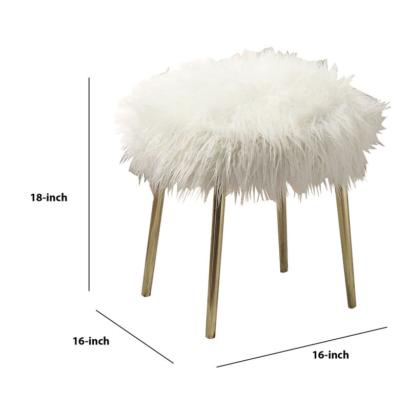 Faux Fur Upholstered Contemporary Metal Ottoman, White and Gold-Benzara