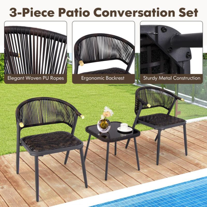 Hivvago 3 Pieces Patio Rattan Furniture Set with Tempered Glass Tabletop for Backyard Poolside