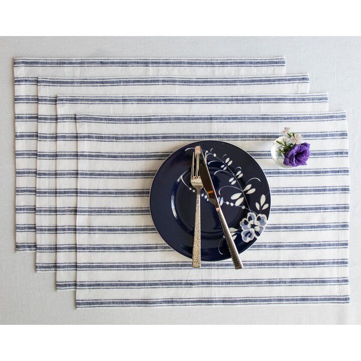 Solino Home Capri Ticking Stripe 100% Linen Placemats &ndash; Set of 4, 14 x 19 in, Machine Washable, Holiday and Everyday Dining
