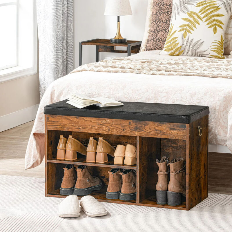 Entryway Shoe Storage Bench with Flip-Top Seat and Padded Cushion-Brown image number 3