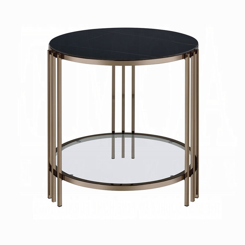 Abio Side End Table, 23 Inch, Round Sintered Stone Top, Black and Gold