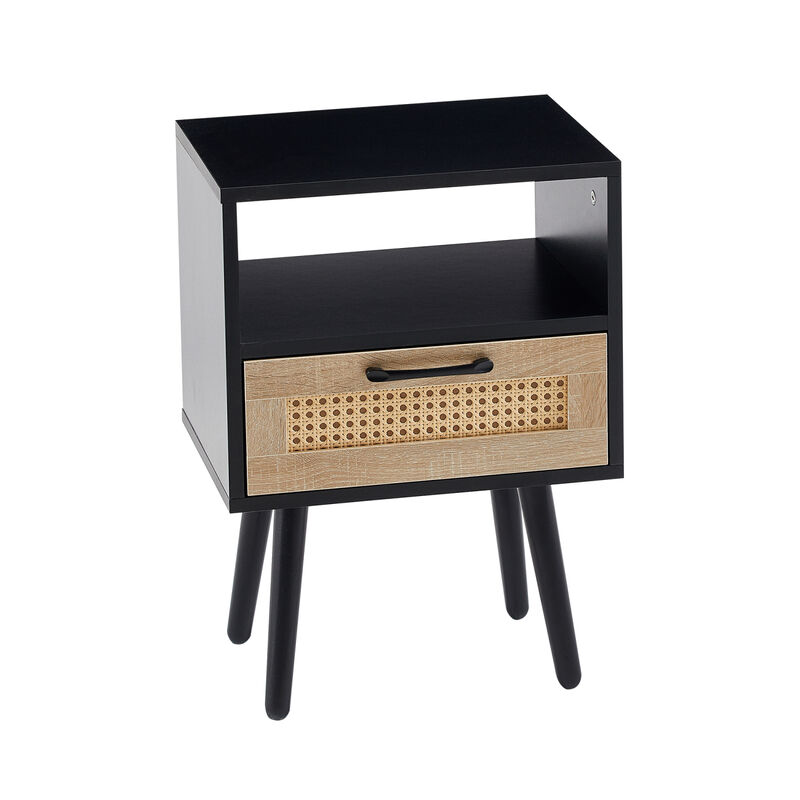 Rattan End table with drawer and solid wood legs, Modern nightstand, side table for living roon, bedroom, black