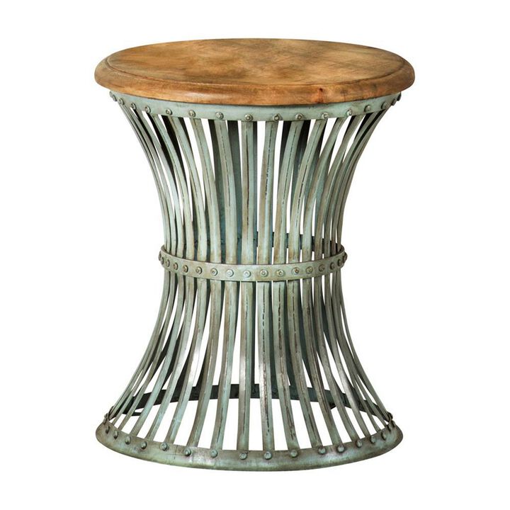 24 Inch Wood Round Accent Table with Hourglass Metal Base, Distressed Blue  - Benzara