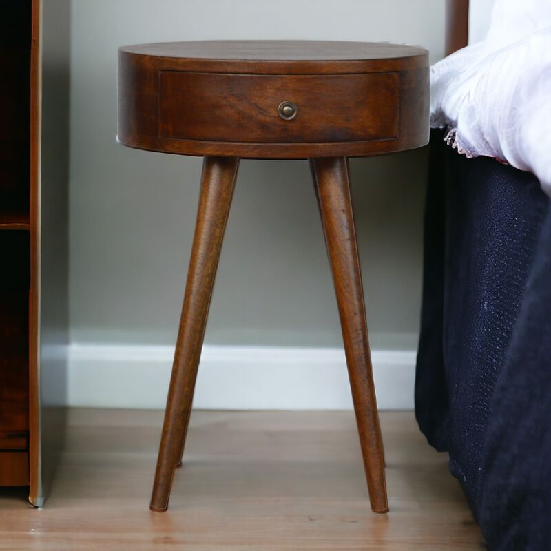Solid Wood 1 Drawer Nordic Chestnut Circular Shaped Nightstand
