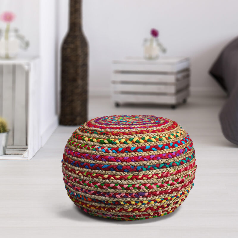 Round Striped Cotton Blend Pouf – Ottoman Accent Seat for Bedroom or Study