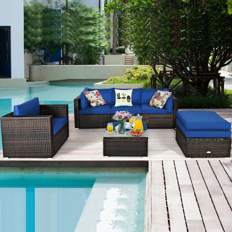 6 Pcs Patio Rattan Furniture Set with Sectional Cushion