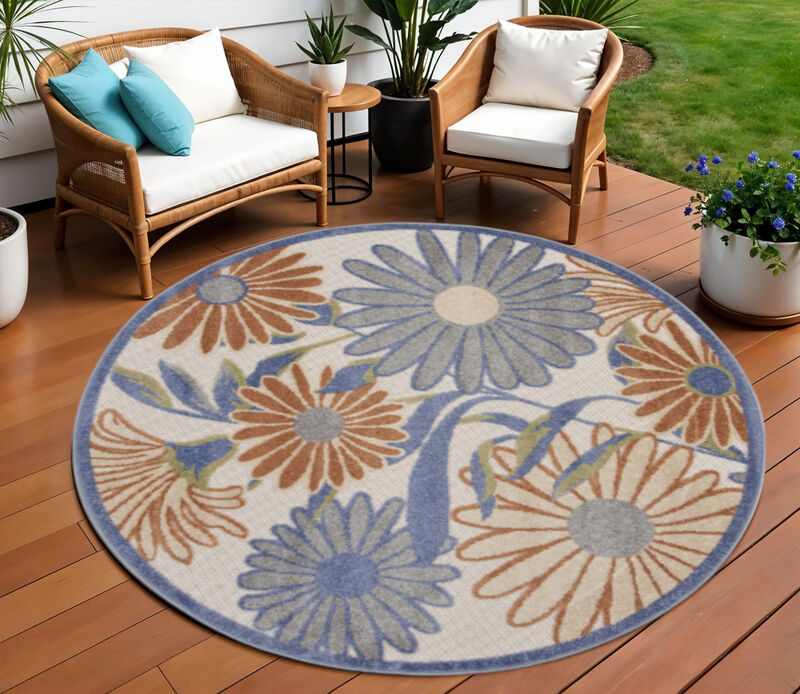 HomeRoots 8' Beige Round Floral Indoor Outdoor Area Rug image number 1