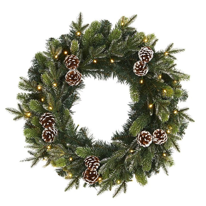 Nearly Natural 24-in Snowed Pinecone Artificial Christmas Wreath with 35 Clear LED Lights