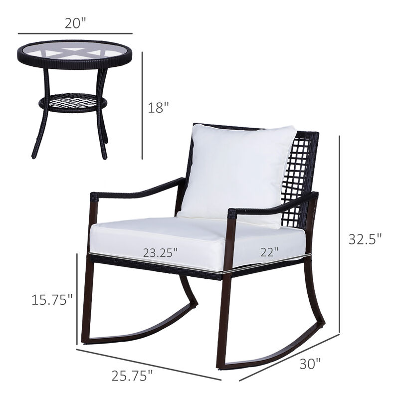 3PC Outdoor Wicker Rocking Chair Set, PE Rattan, Cushions, Pillows, 2-Tier Table