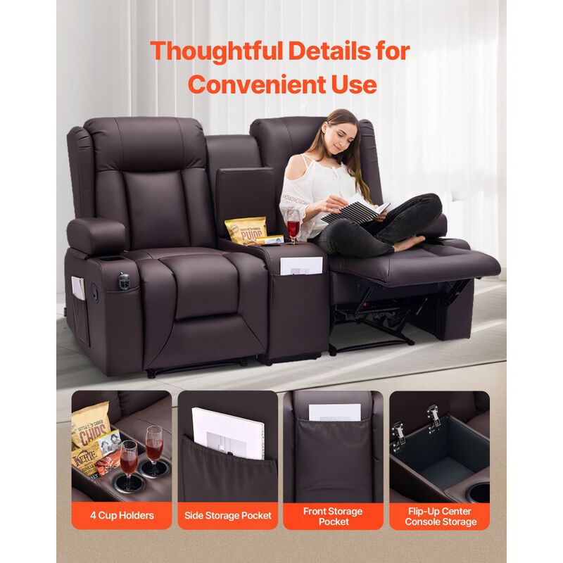 Loveseat Recliner Sofa, Manual PU Leather Couch with Console, USB & Cup Holders image number 3