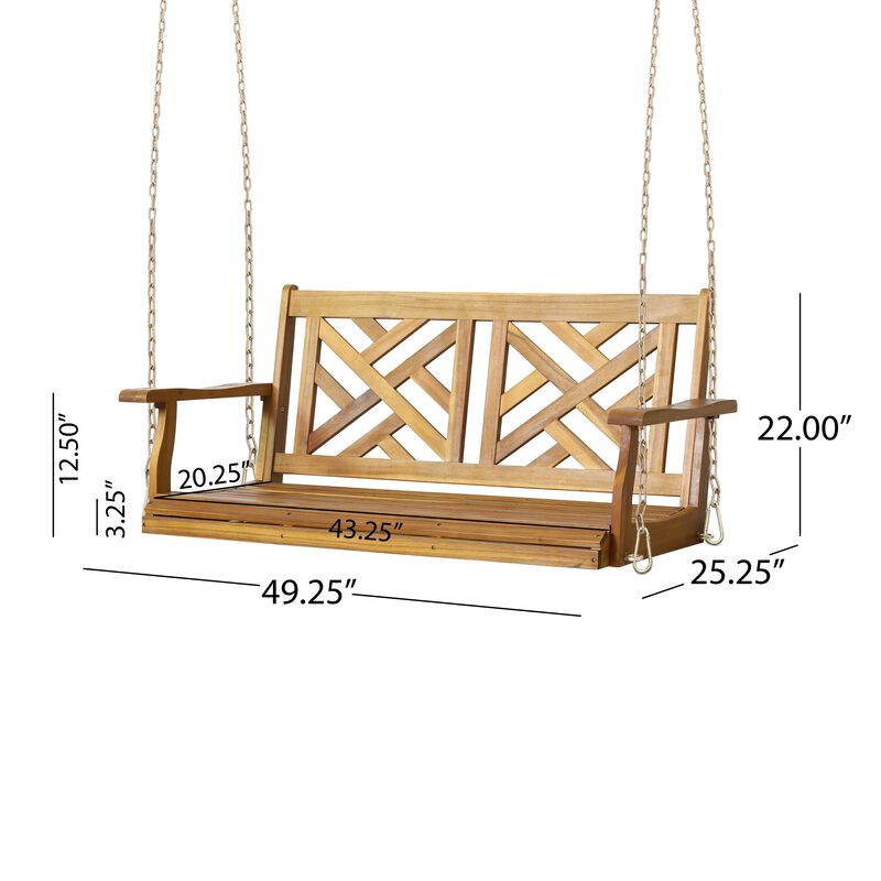 Annah Porch Swing Bench w Chains, Herringbone Teak Brown Acacia Wood