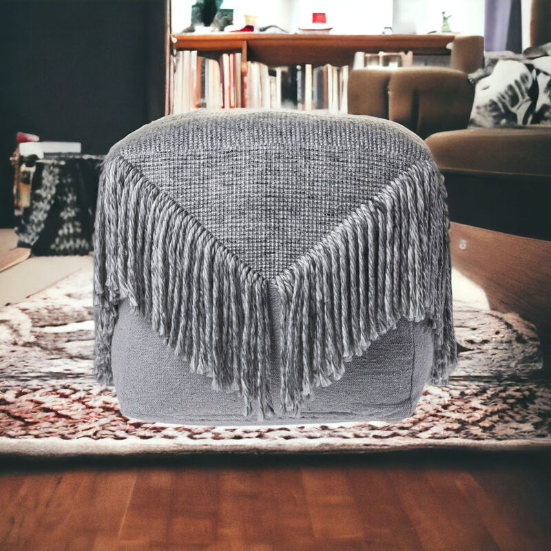 Hivvago 18 Inch Gray Wool Cotton Blend Pouf Ottoman