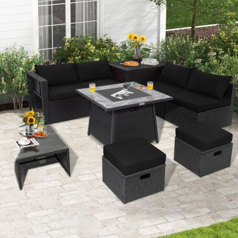 Hivvago 9 Pieces Outdoor Wicker Sectional with 35 Inch Gas Fire Pit Table