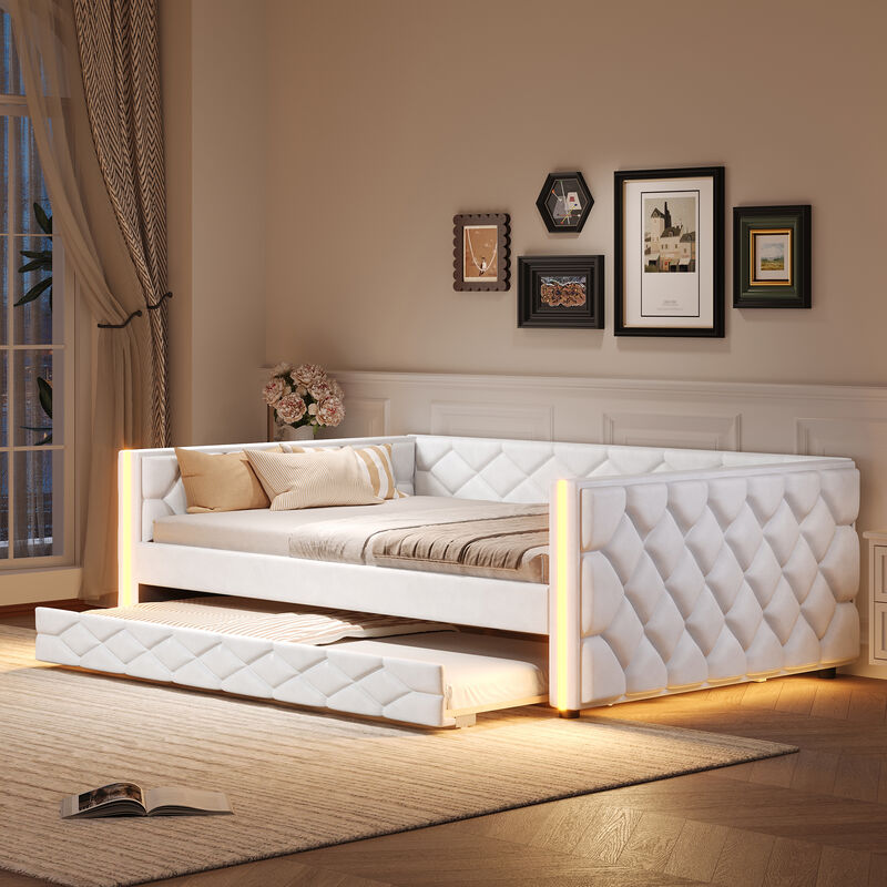 Merax Full XL PU Leather Upholstered Daybed with Trundle & LED Armrests image number 2