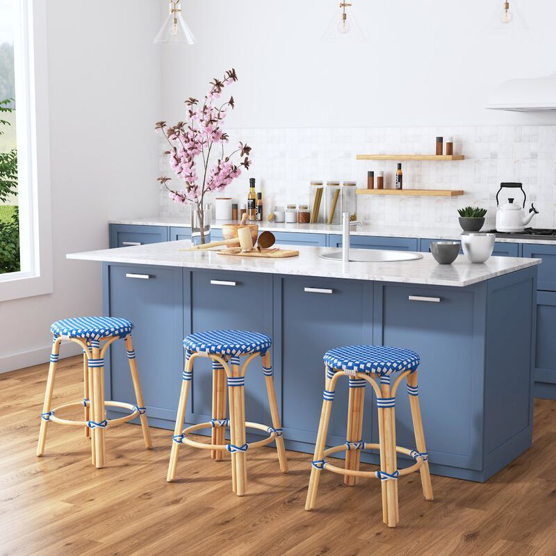 Butler Specialty Tobias Rattan Round 24 Counter Stool, Blue and White Dot