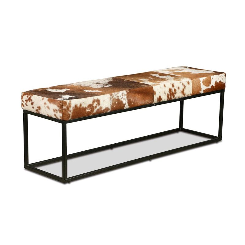 World Interiors Melbourne 54in Iron and Brown Cowhide Leather Bench image number 3