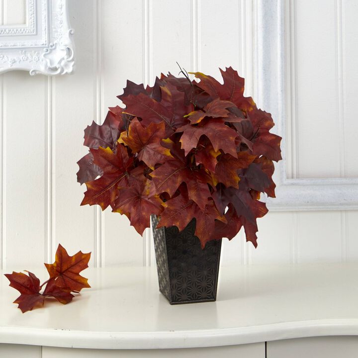 Nearly Natural 18-in Autumn Maple Leaf Artificial Plant in Embossed Black Planter