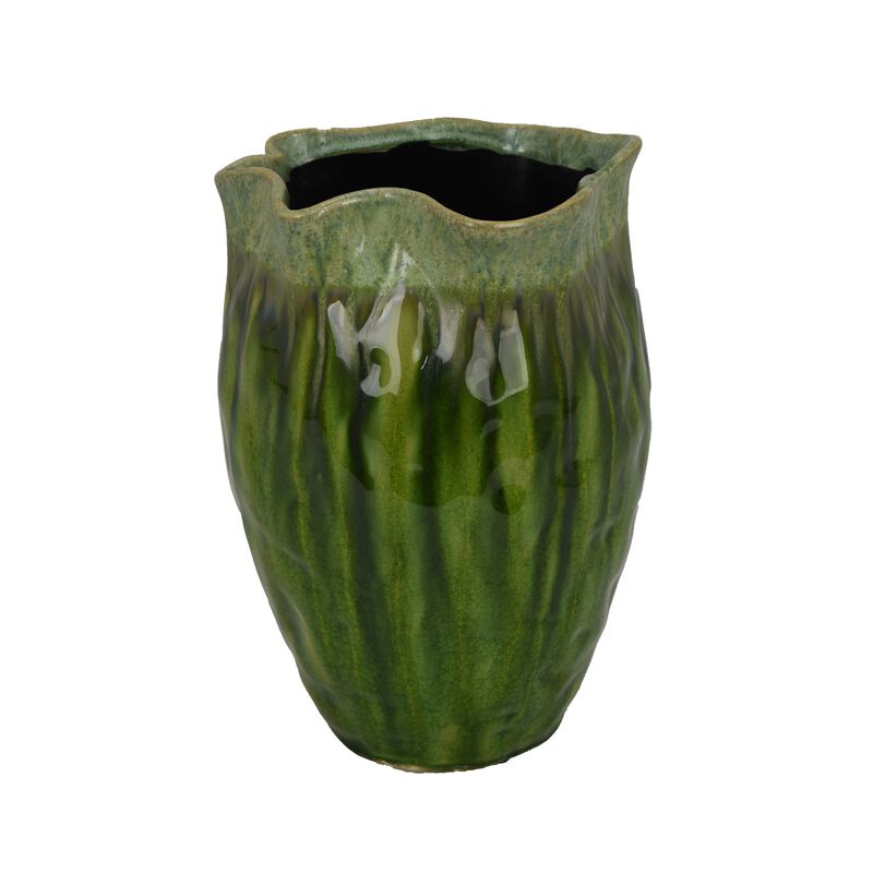 Ashly Decorative Planter with Scalloped Rim, Green Textured Ceramic 11 Inch image number 0