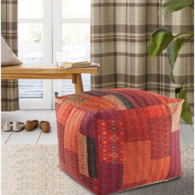 Hivvago 24 Inch Red Patchwork Pouf Ottoman