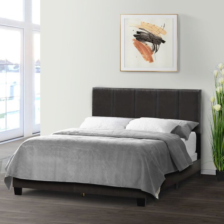 Glamour Home Arty Black Brown Faux Leather Queen Bed with Line Stitch Tufting
