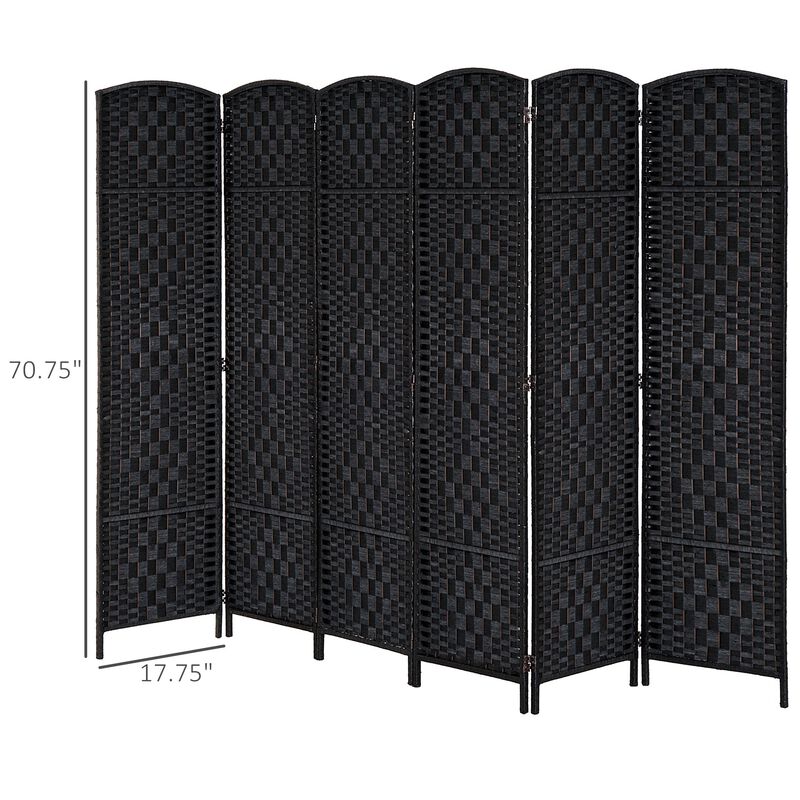 6' Tall Wicker Weave 6 Panel Room Divider Wall Divider, Black