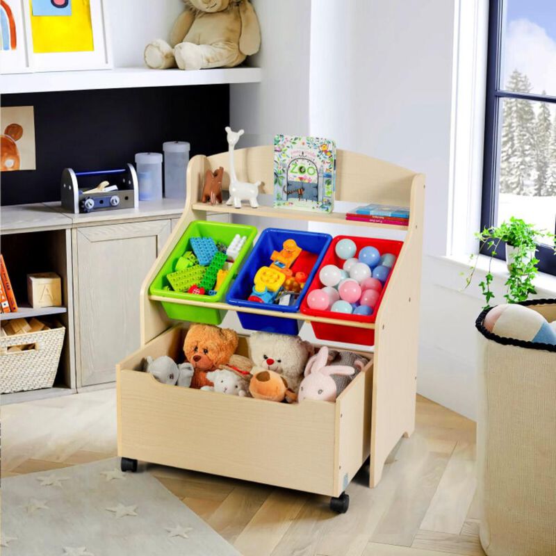 Hivvago Kids Wooden Toy Storage Unit Organizer with Rolling Toy Box and Plastic Bins
