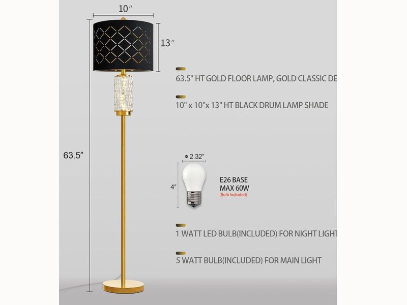 Gold Floor Lamp &ndash; 63.75" Tall, LED Glass Night Light, Black Drum Shade, Vintage Style