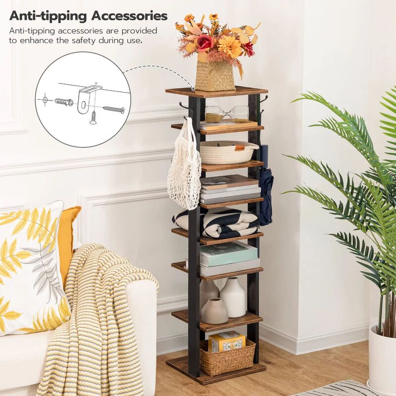 Vertical Shoe Storage Rack with 8 Tiers and Side Hooks for Organization- Brown image number 3