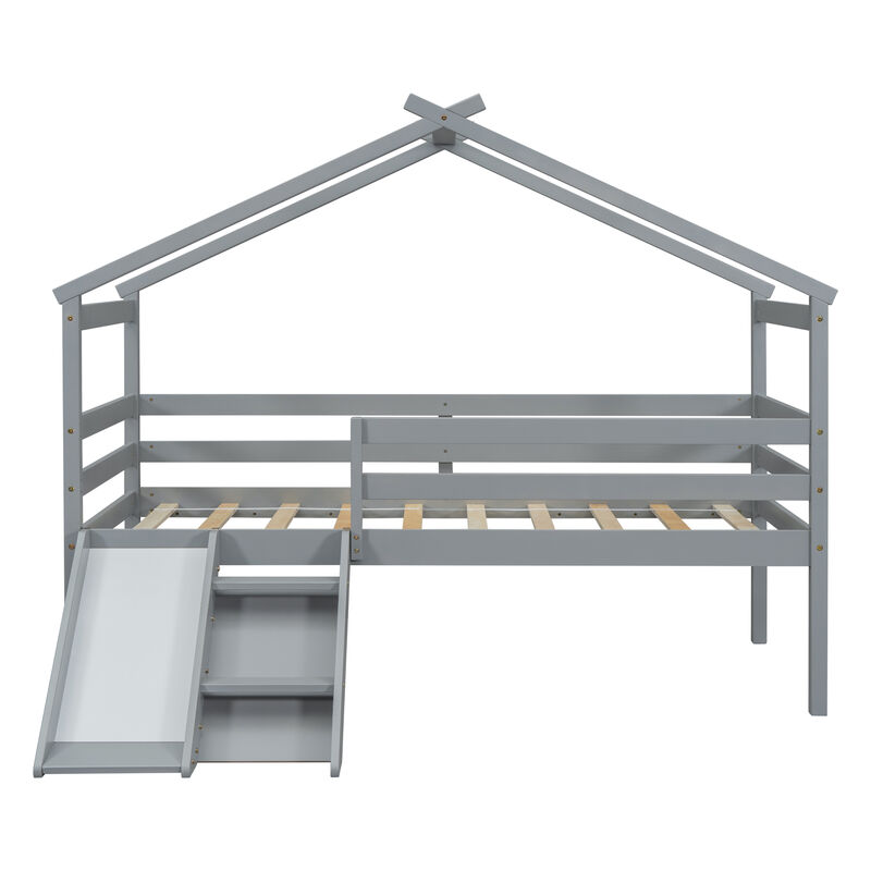 Whisen Twin Low Loft House Bed with Fun Slide, Secure Ladder, and Playful Roof Frame image number 6