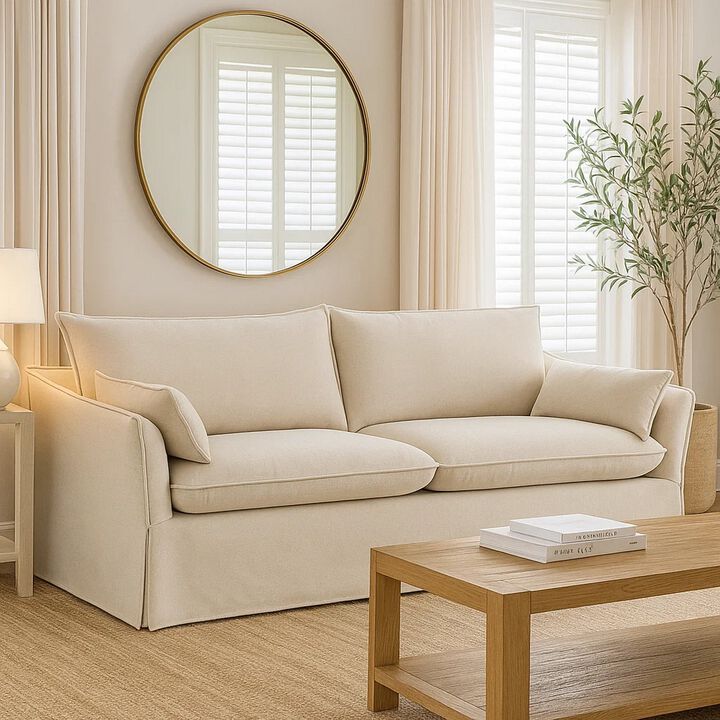 Seya Modern Sofa with 2 Pillow, Beige Linen Plush Cushions, 82 Inch